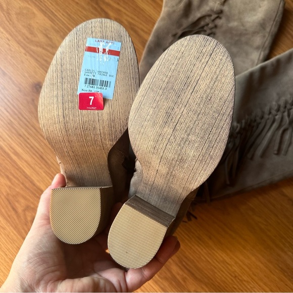 Women’s Size 7‎ Taupe Suede Carlos Santana Knee Boots Fringe - Picture 2 of 9